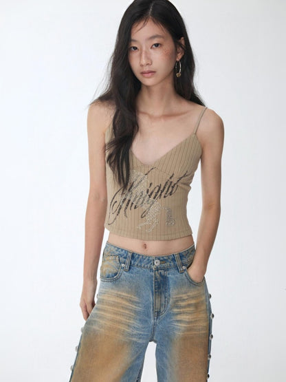 Knight Horse Hot Diamond Print Cable Knitted Suspender Female Hot Girl Sexy Short Slimming Top【s0000014585】