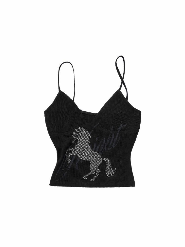 Knight Horse Hot Diamond Print Cable Knitted Suspender Female Hot Girl Sexy Short Slimming Top【s0000014585】