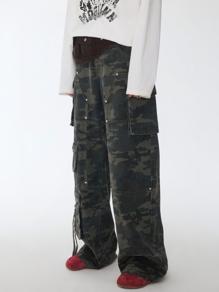American Vintage Camouflage Washed Workwear Wide-Leg Pants Multi-Pocket Design Versatile Slacks【s0000014586】