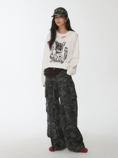 American Vintage Camouflage Washed Workwear Wide-Leg Pants Multi-Pocket Design Versatile Slacks【s0000014586】