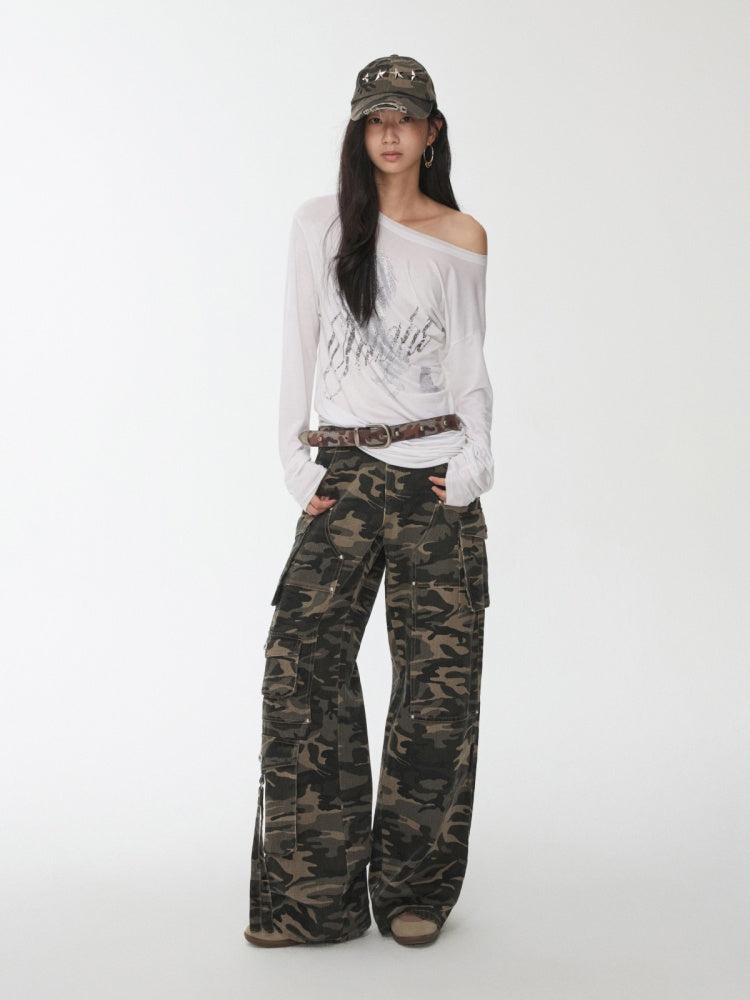 American Vintage Camouflage Washed Workwear Wide-Leg Pants Multi-Pocket Design Versatile Slacks【s0000014586】