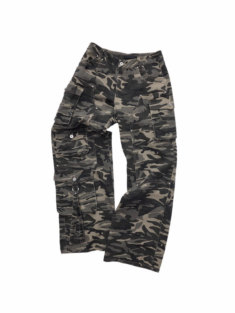 American Vintage Camouflage Washed Workwear Wide-Leg Pants Multi-Pocket Design Versatile Slacks【s0000014586】