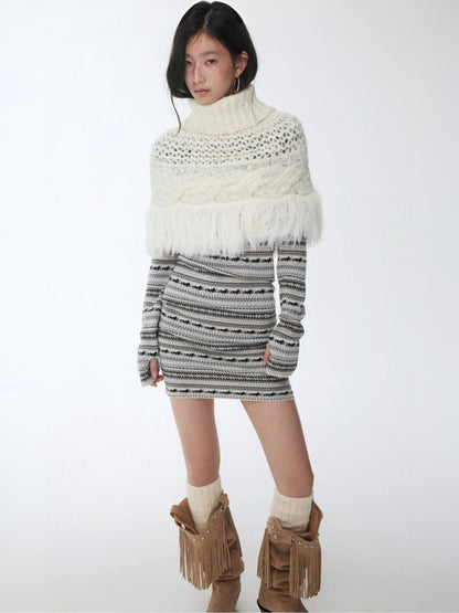 Vintage Solid Color Turtle Neck Knit Blouse Openwork Cable Tassel Design Cape【s0000014587】