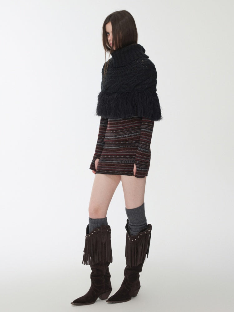 Vintage Solid Color Turtle Neck Knit Blouse Openwork Cable Tassel Design Cape【s0000014587】