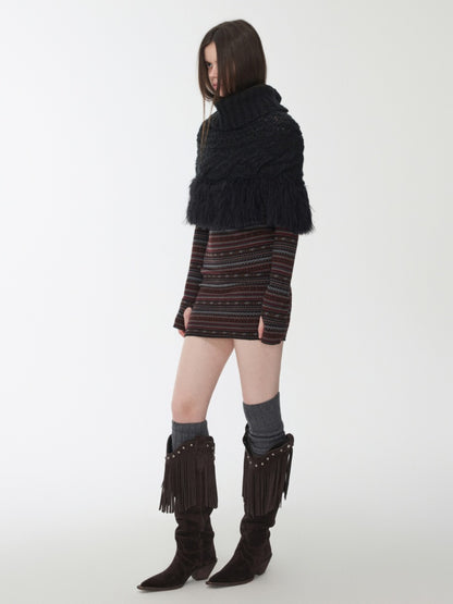 Vintage Solid Color Turtle Neck Knit Blouse Openwork Cable Tassel Design Cape【s0000014587】