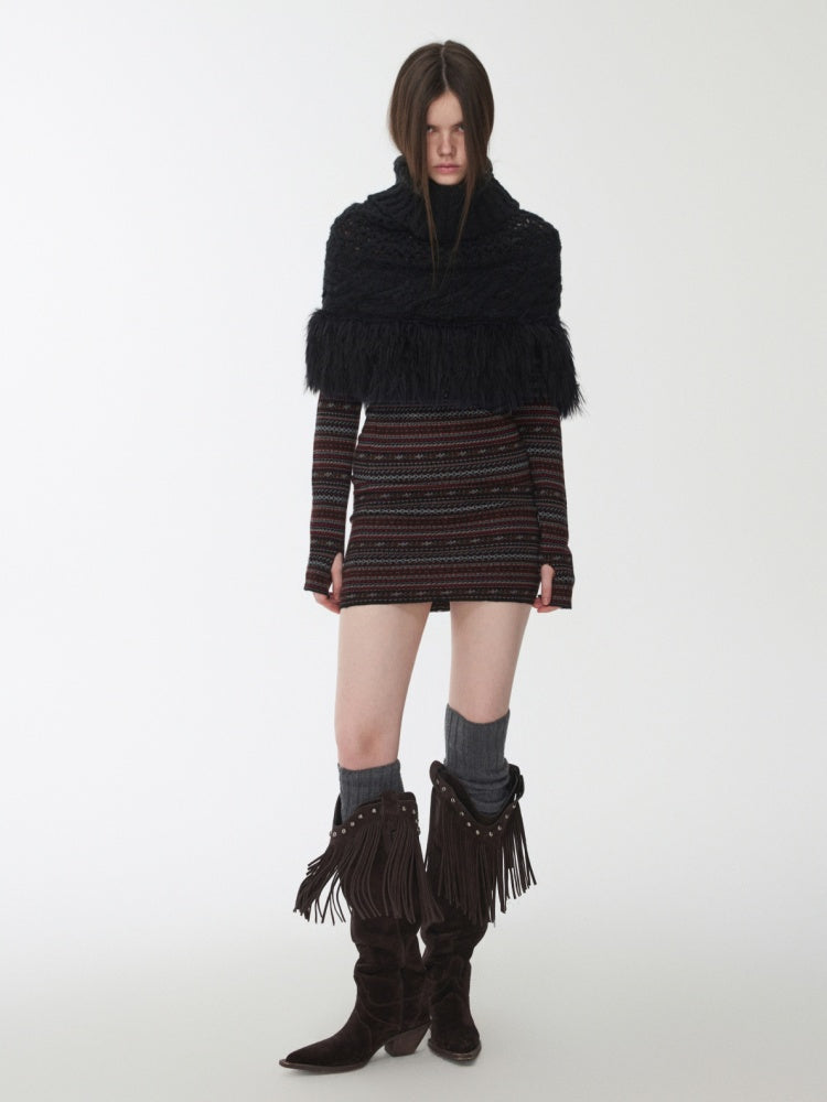 Vintage Solid Color Turtle Neck Knit Blouse Openwork Cable Tassel Design Cape【s0000014587】