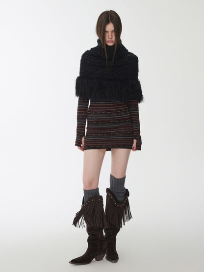 Vintage Solid Color Turtle Neck Knit Blouse Openwork Cable Tassel Design Cape【s0000014587】