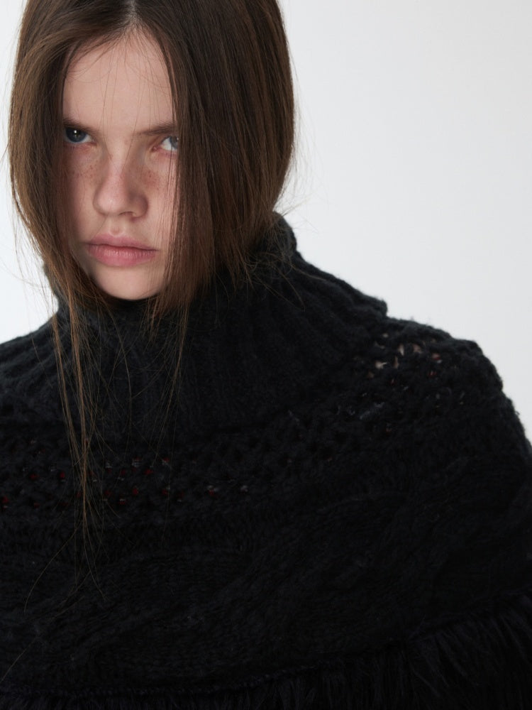 Vintage Solid Color Turtle Neck Knit Blouse Openwork Cable Tassel Design Cape【s0000014587】