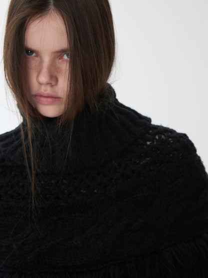 Vintage Solid Color Turtle Neck Knit Blouse Openwork Cable Tassel Design Cape【s0000014587】