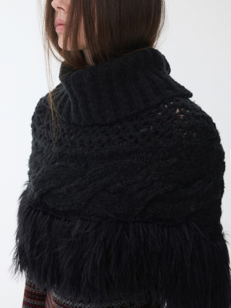 Vintage Solid Color Turtle Neck Knit Blouse Openwork Cable Tassel Design Cape【s0000014587】