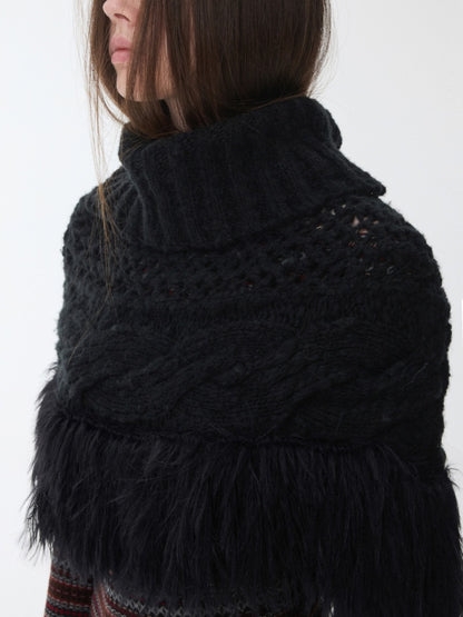 Vintage Solid Color Turtle Neck Knit Blouse Openwork Cable Tassel Design Cape【s0000014587】