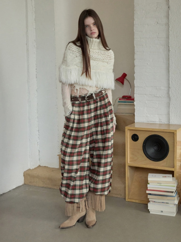 Vintage Solid Color Turtle Neck Knit Blouse Openwork Cable Tassel Design Cape【s0000014587】