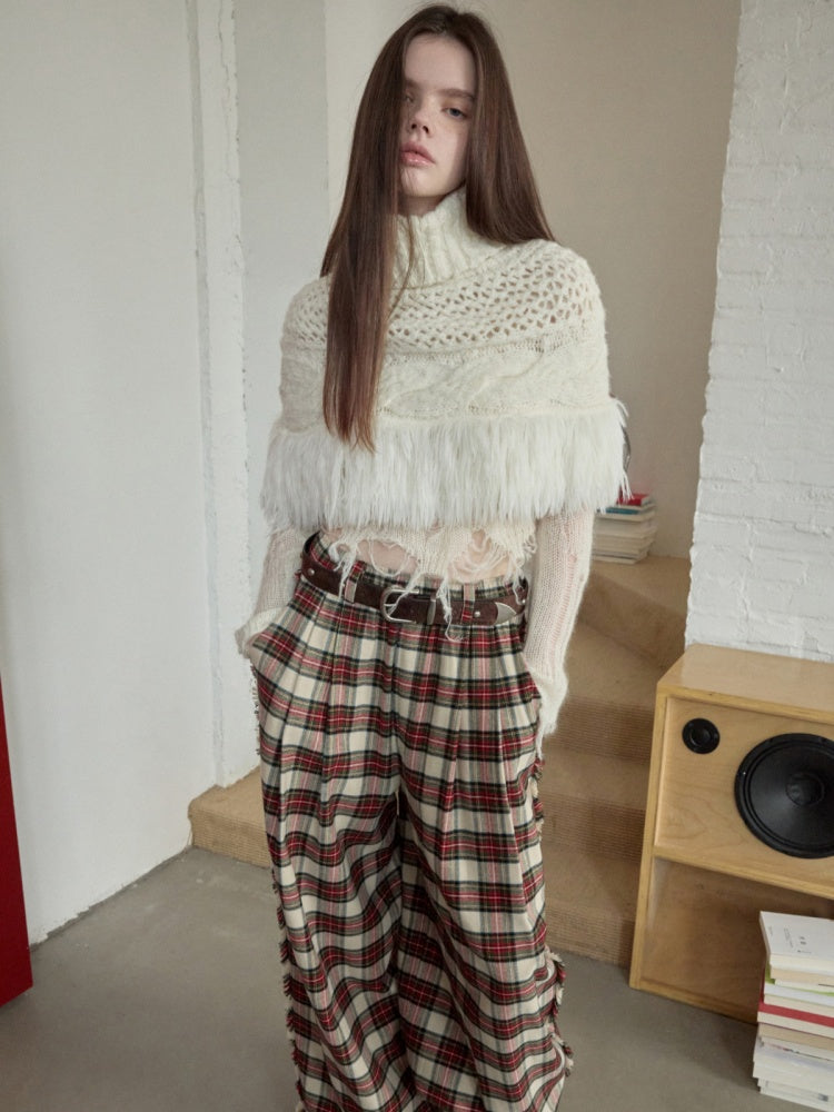 Vintage Solid Color Turtle Neck Knit Blouse Openwork Cable Tassel Design Cape【s0000014587】