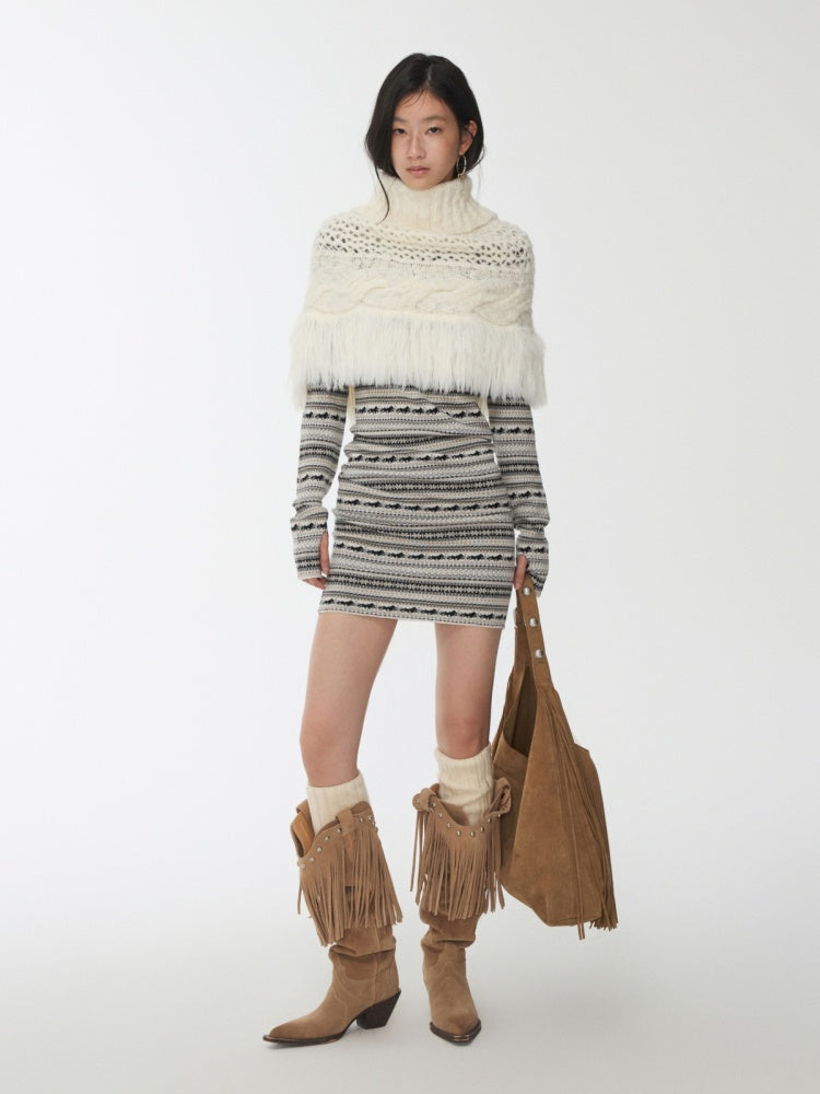 Vintage Solid Color Turtle Neck Knit Blouse Openwork Cable Tassel Design Cape【s0000014587】