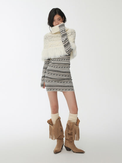 Vintage Solid Color Turtle Neck Knit Blouse Openwork Cable Tassel Design Cape【s0000014587】