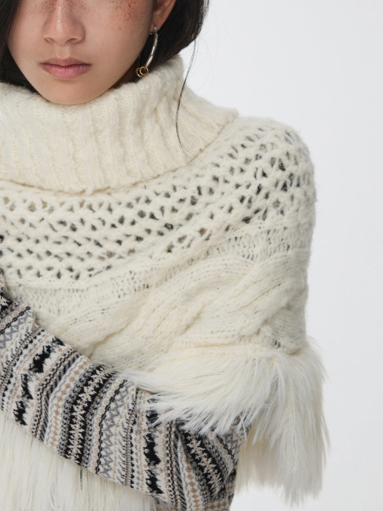 Vintage Solid Color Turtle Neck Knit Blouse Openwork Cable Tassel Design Cape【s0000014587】