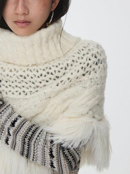 Vintage Solid Color Turtle Neck Knit Blouse Openwork Cable Tassel Design Cape【s0000014587】