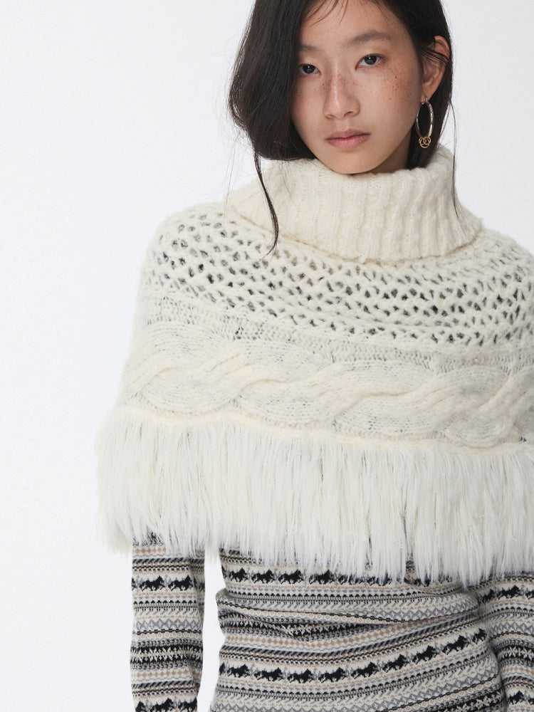 Vintage Solid Color Turtle Neck Knit Blouse Openwork Cable Tassel Design Cape【s0000014587】