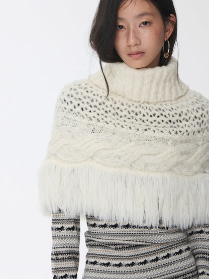 Vintage Solid Color Turtle Neck Knit Blouse Openwork Cable Tassel Design Cape【s0000014587】