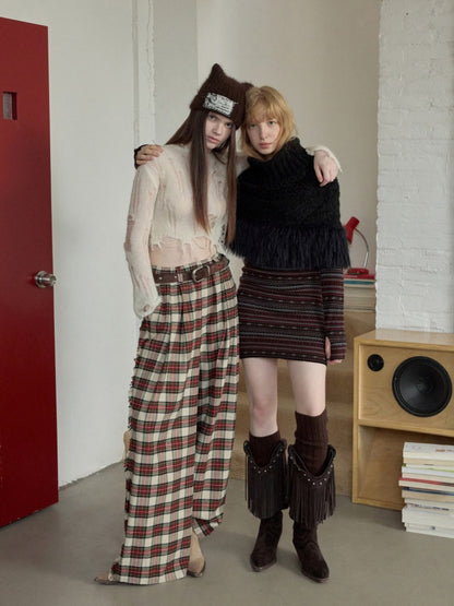 Vintage Solid Color Turtle Neck Knit Blouse Openwork Cable Tassel Design Cape【s0000014587】