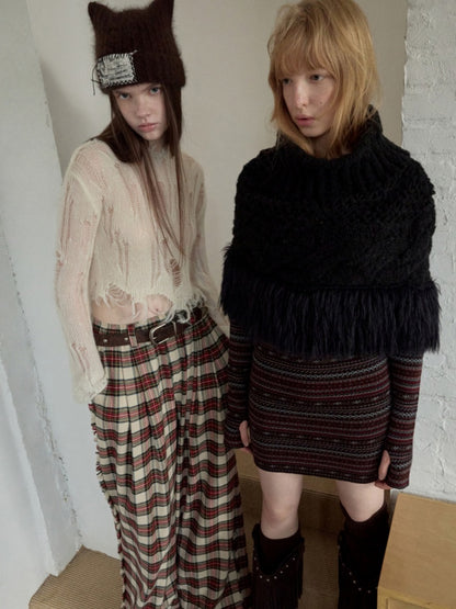 Vintage Solid Color Turtle Neck Knit Blouse Openwork Cable Tassel Design Cape【s0000014587】
