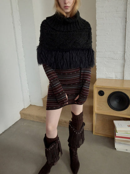 Vintage Solid Color Turtle Neck Knit Blouse Openwork Cable Tassel Design Cape【s0000014587】