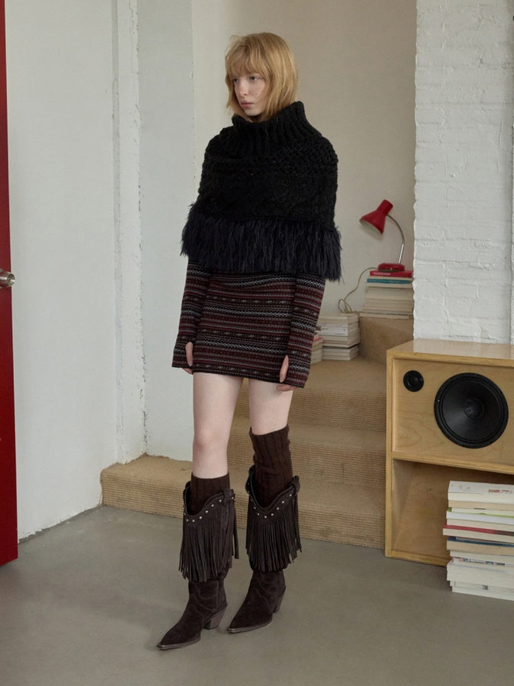 Vintage Solid Color Turtle Neck Knit Blouse Openwork Cable Tassel Design Cape【s0000014587】