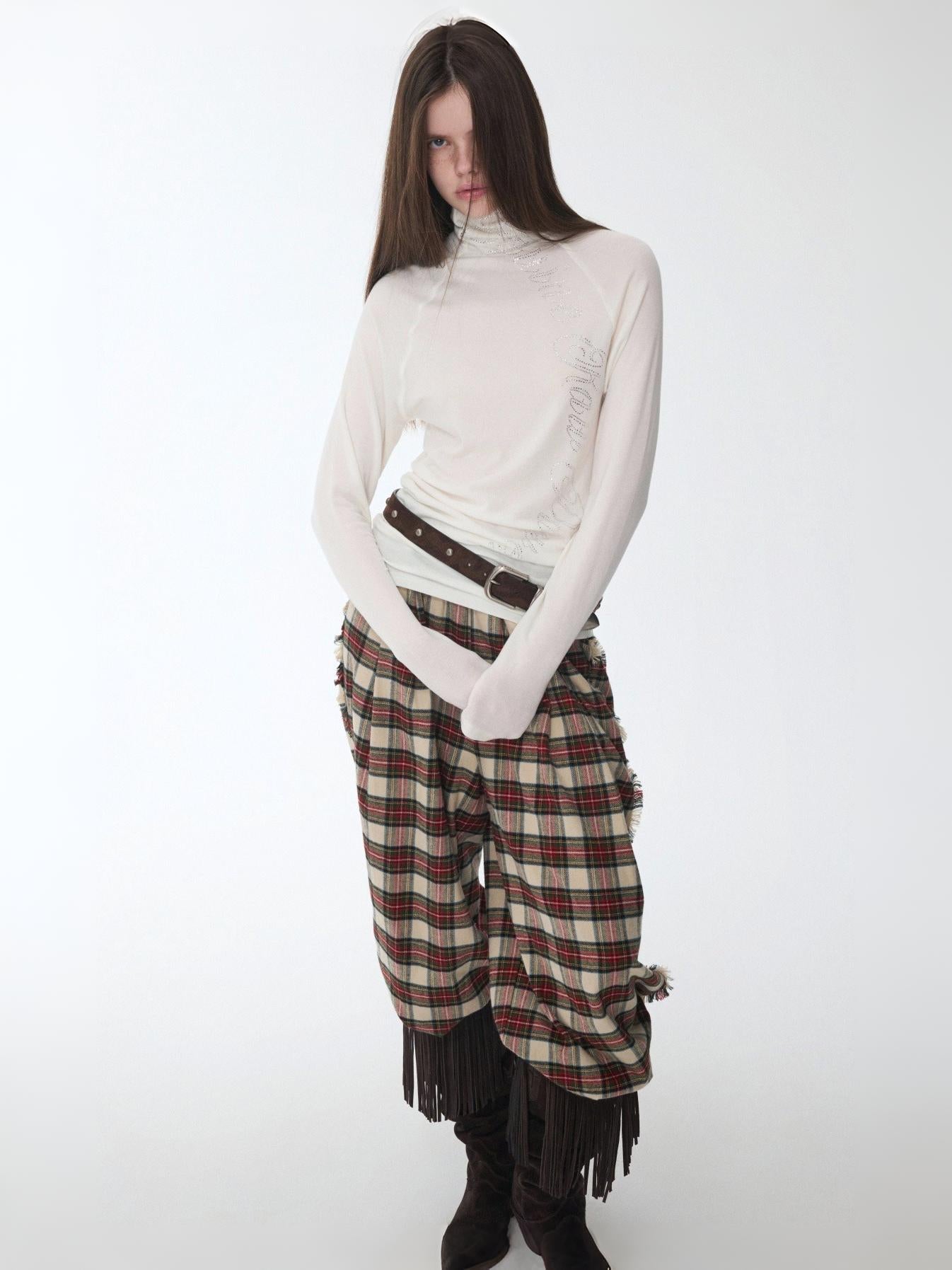 American Vintage Red Plaid Brushed Wide-Leg Pants Lace-Up High-Waisted Loose Drape Trousers【s0000014588】