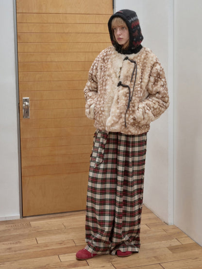 American Vintage Red Plaid Brushed Wide-Leg Pants Lace-Up High-Waisted Loose Drape Trousers【s0000014588】