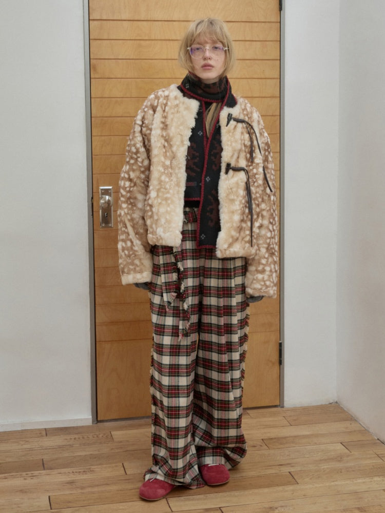 American Vintage Red Plaid Brushed Wide-Leg Pants Lace-Up High-Waisted Loose Drape Trousers【s0000014588】