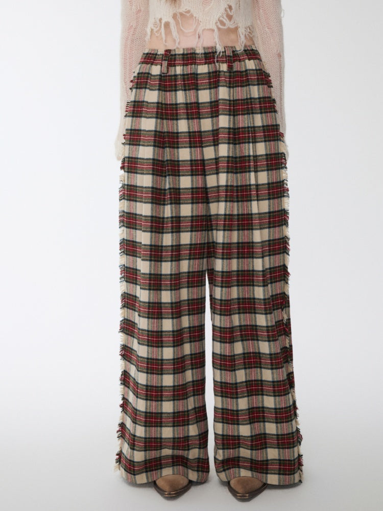 American Vintage Red Plaid Brushed Wide-Leg Pants Lace-Up High-Waisted Loose Drape Trousers【s0000014588】