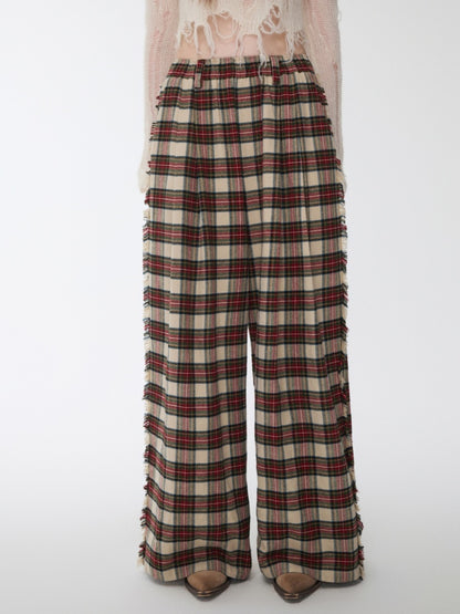 American Vintage Red Plaid Brushed Wide-Leg Pants Lace-Up High-Waisted Loose Drape Trousers【s0000014588】