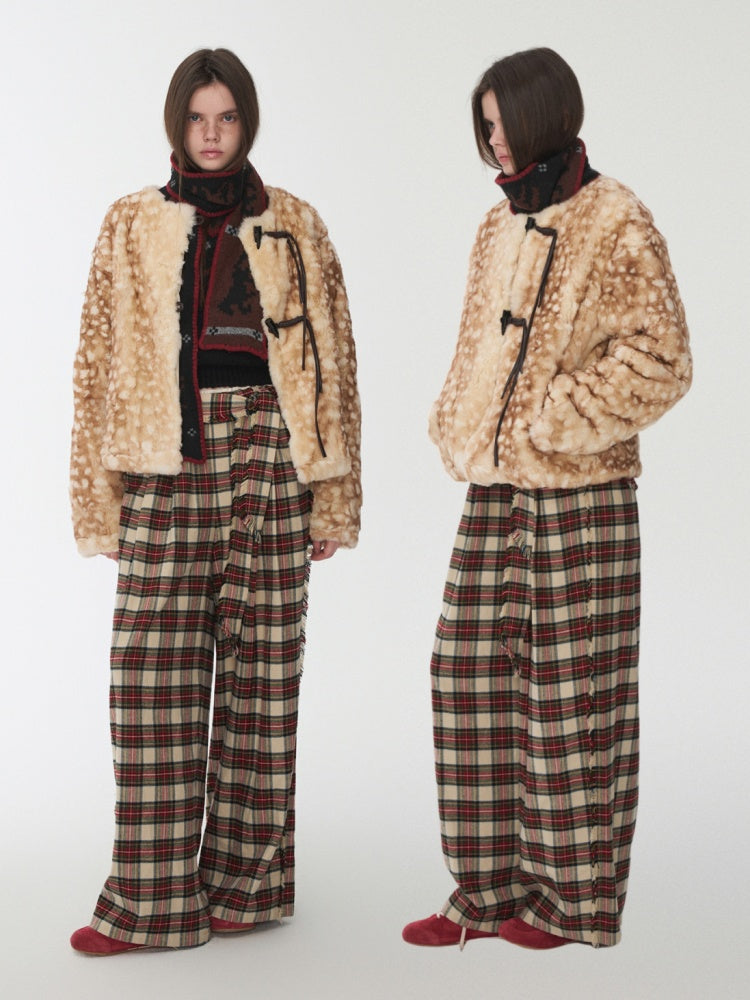 American Vintage Red Plaid Brushed Wide-Leg Pants Lace-Up High-Waisted Loose Drape Trousers【s0000014588】