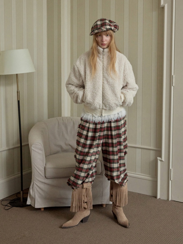 American Vintage Red Plaid Brushed Wide-Leg Pants Lace-Up High-Waisted Loose Drape Trousers【s0000014588】