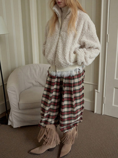 American Vintage Red Plaid Brushed Wide-Leg Pants Lace-Up High-Waisted Loose Drape Trousers【s0000014588】