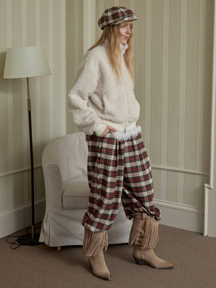 American Vintage Red Plaid Brushed Wide-Leg Pants Lace-Up High-Waisted Loose Drape Trousers【s0000014588】