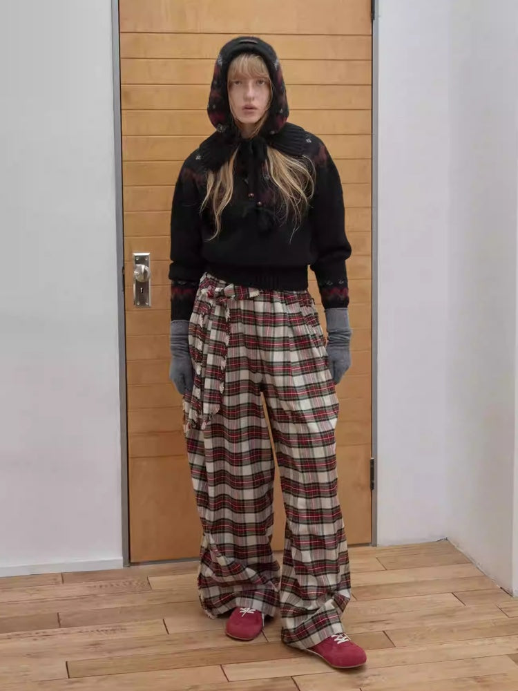 American Vintage Red Plaid Brushed Wide-Leg Pants Lace-Up High-Waisted Loose Drape Trousers【s0000014588】