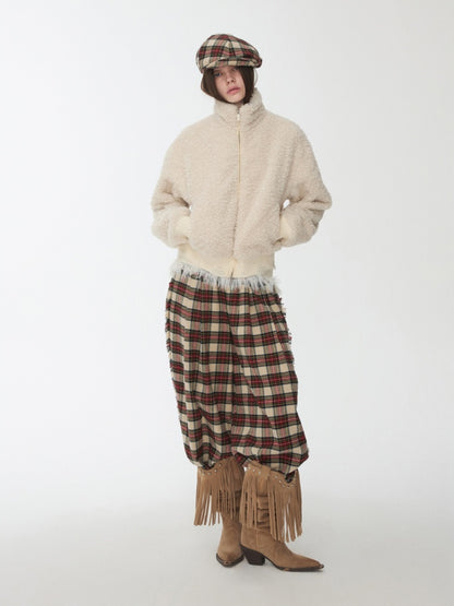 American Vintage Red Plaid Brushed Wide-Leg Pants Lace-Up High-Waisted Loose Drape Trousers【s0000014588】