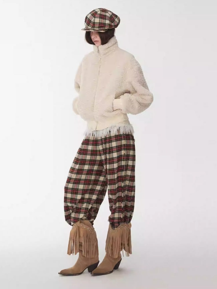 American Vintage Red Plaid Brushed Wide-Leg Pants Lace-Up High-Waisted Loose Drape Trousers【s0000014588】