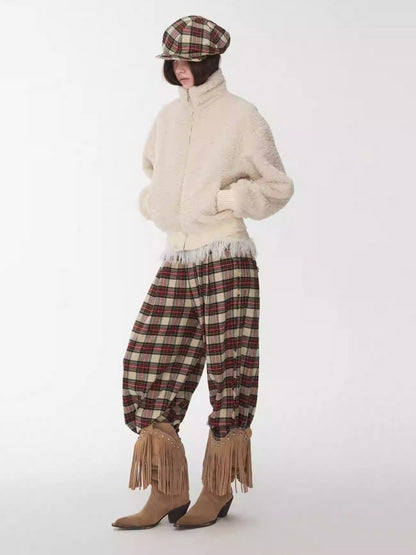American Vintage Red Plaid Brushed Wide-Leg Pants Lace-Up High-Waisted Loose Drape Trousers【s0000014588】