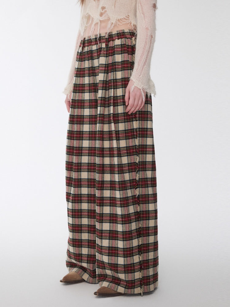 American Vintage Red Plaid Brushed Wide-Leg Pants Lace-Up High-Waisted Loose Drape Trousers【s0000014588】