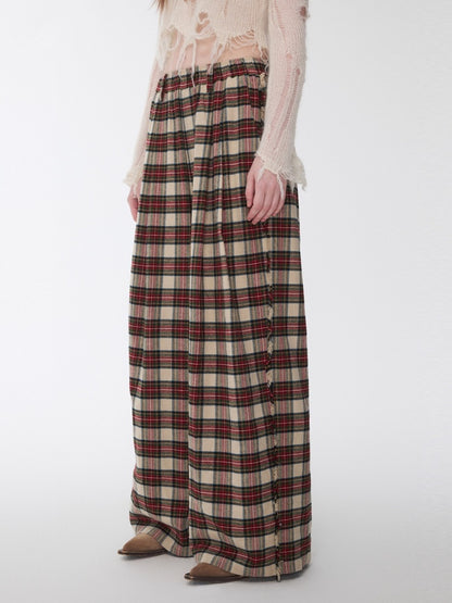 American Vintage Red Plaid Brushed Wide-Leg Pants Lace-Up High-Waisted Loose Drape Trousers【s0000014588】