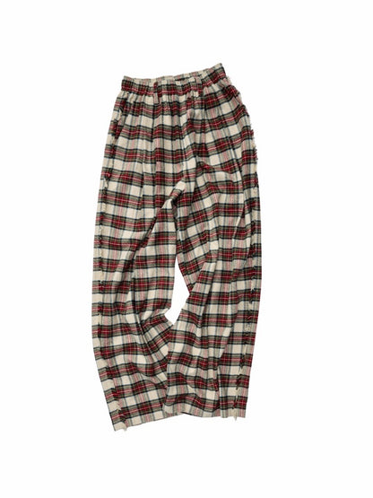 American Vintage Red Plaid Brushed Wide-Leg Pants Lace-Up High-Waisted Loose Drape Trousers【s0000014588】