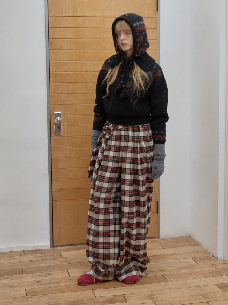 American Vintage Red Plaid Brushed Wide-Leg Pants Lace-Up High-Waisted Loose Drape Trousers【s0000014588】