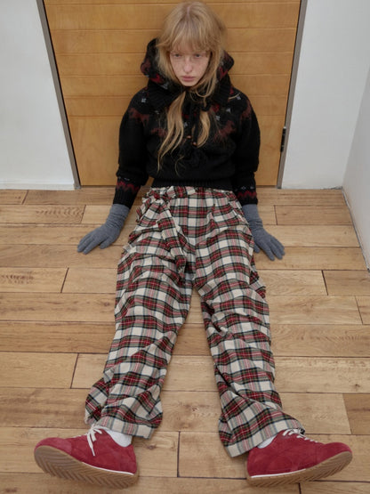 American Vintage Red Plaid Brushed Wide-Leg Pants Lace-Up High-Waisted Loose Drape Trousers【s0000014588】