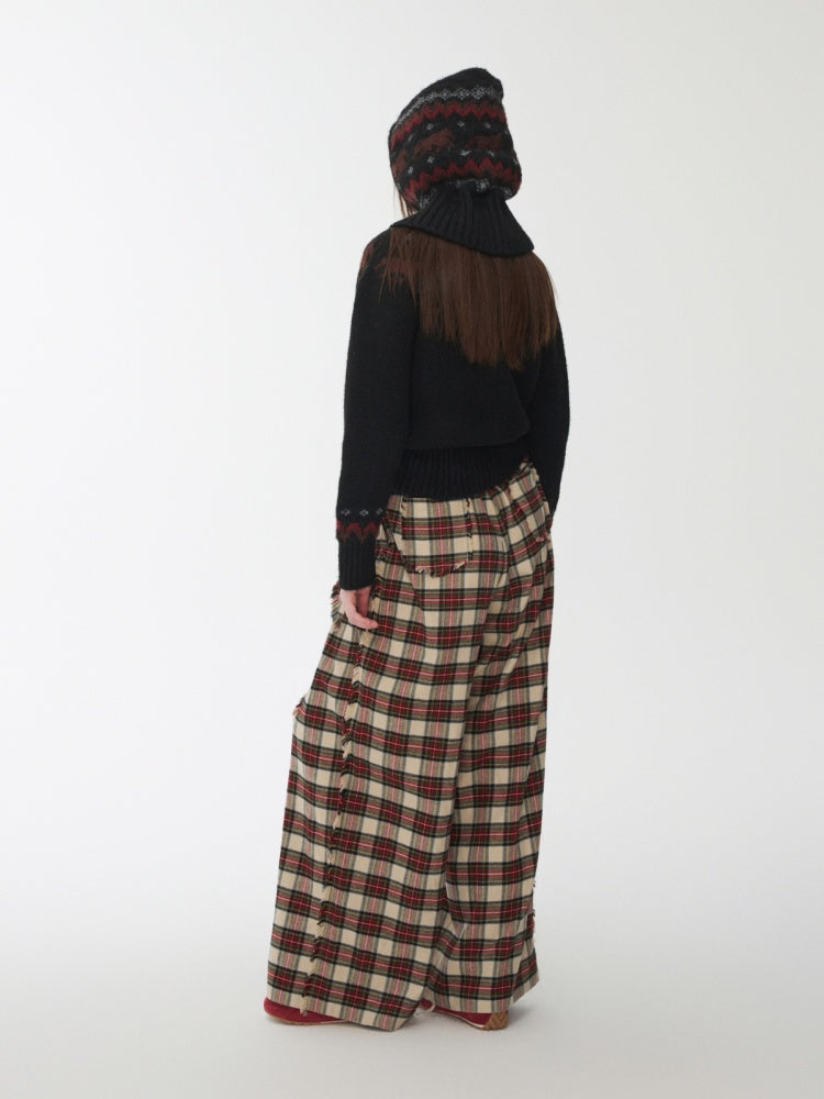 American Vintage Red Plaid Brushed Wide-Leg Pants Lace-Up High-Waisted Loose Drape Trousers【s0000014588】