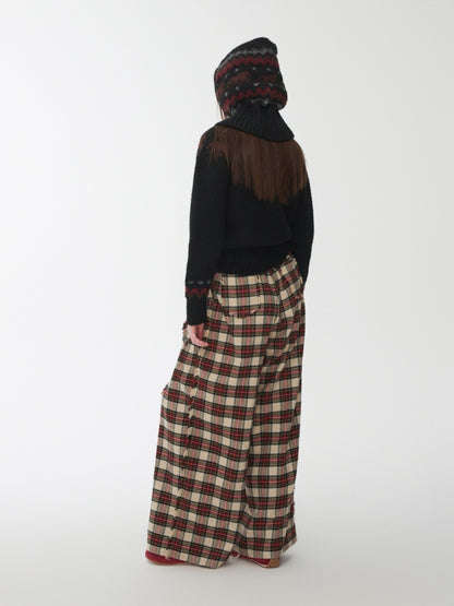 American Vintage Red Plaid Brushed Wide-Leg Pants Lace-Up High-Waisted Loose Drape Trousers【s0000014588】