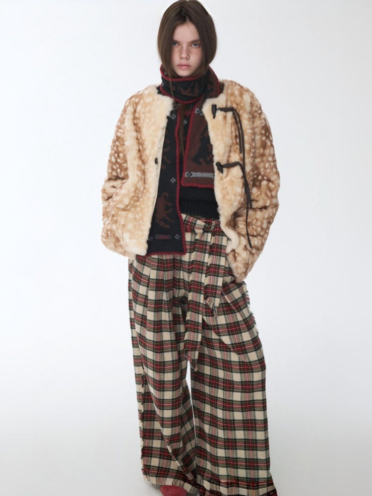 Vintage Fawn Print Otter Fur-Free Straw Horn Buckle Design Loose Plush Jacket【s0000014589】