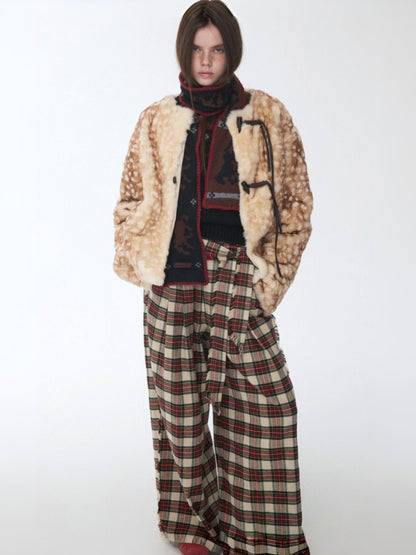 Vintage Fawn Print Otter Fur-Free Straw Horn Buckle Design Loose Plush Jacket【s0000014589】