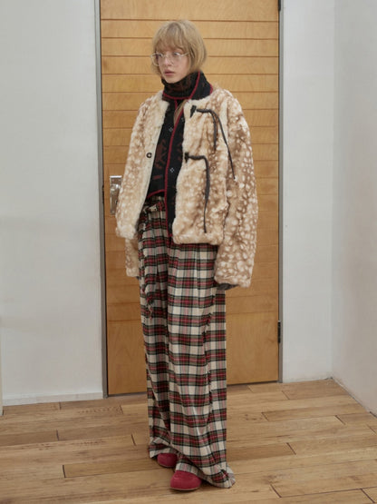 Vintage Fawn Print Otter Fur-Free Straw Horn Buckle Design Loose Plush Jacket【s0000014589】